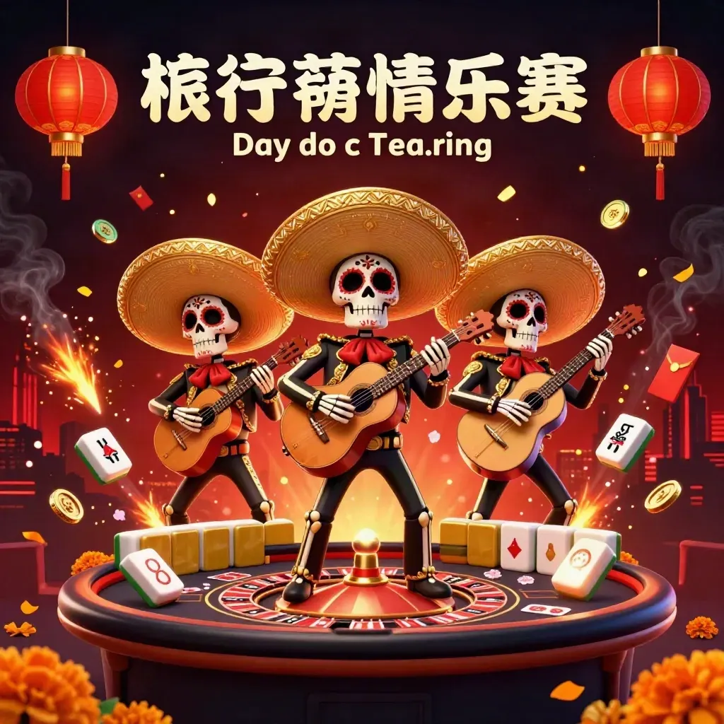 Day-of-the-Dead skeleton mariachi trio amid casino lights, lanterns, coins, and a spinning roulette wheel.