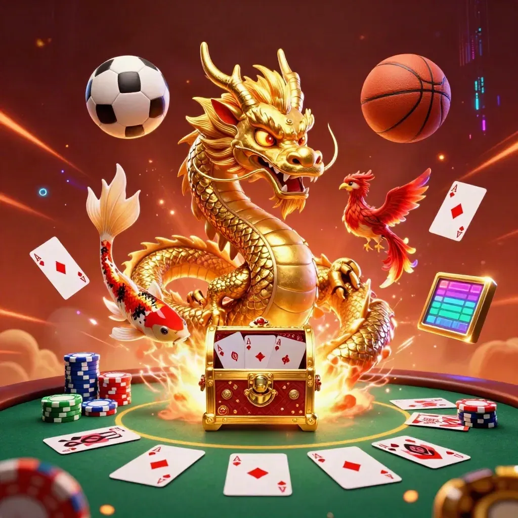Golden dragon with phoenix, koi, chips, cards, soccer and basketball on a fiery casino backdrop.