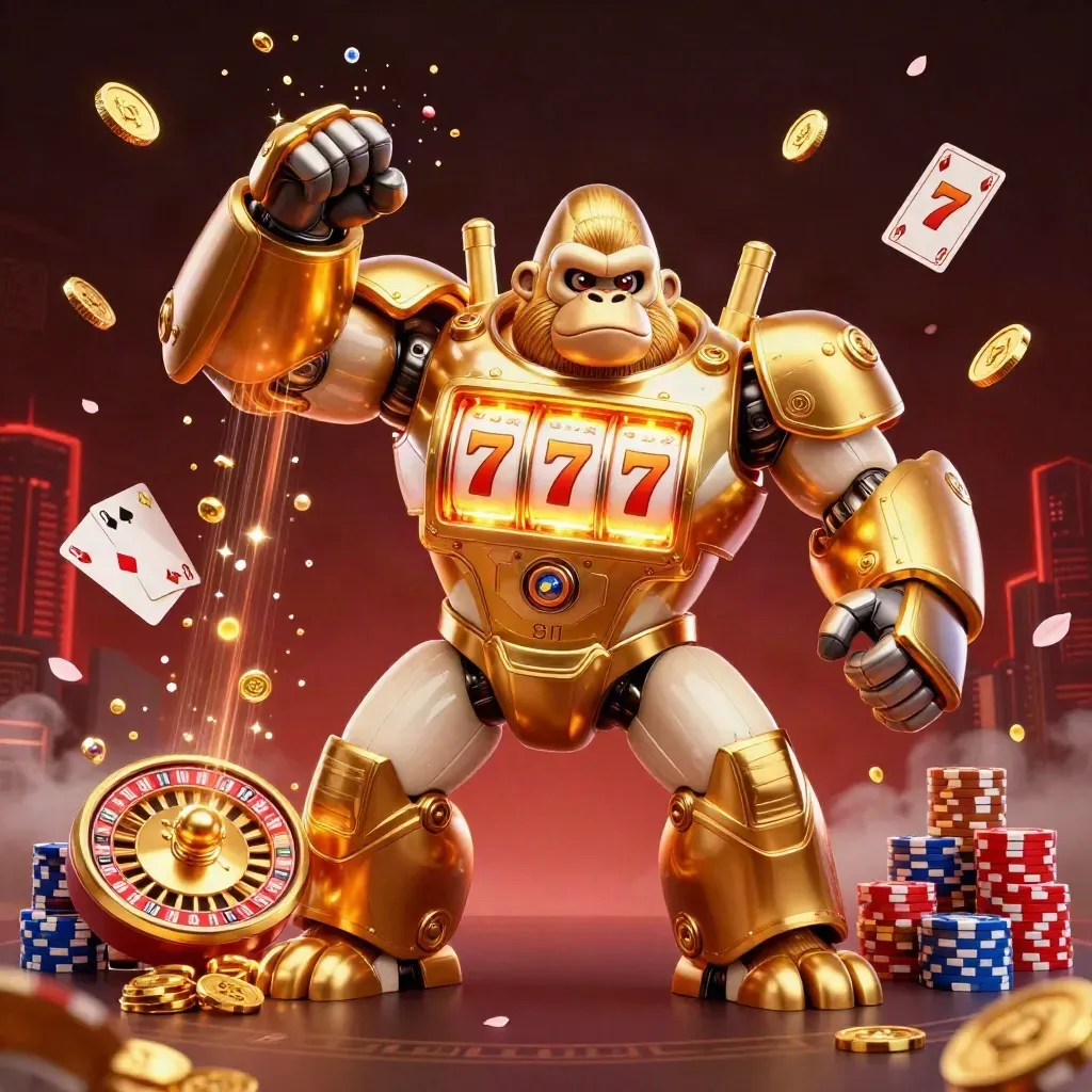Golden gorilla mech with monkey pilot amid coins, gems, chips and roulette glow.