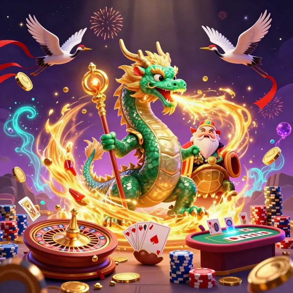 Jade dragon, turtle sage, and cranes amid coins, gems, chips, roulette wheel, and glowing cards.