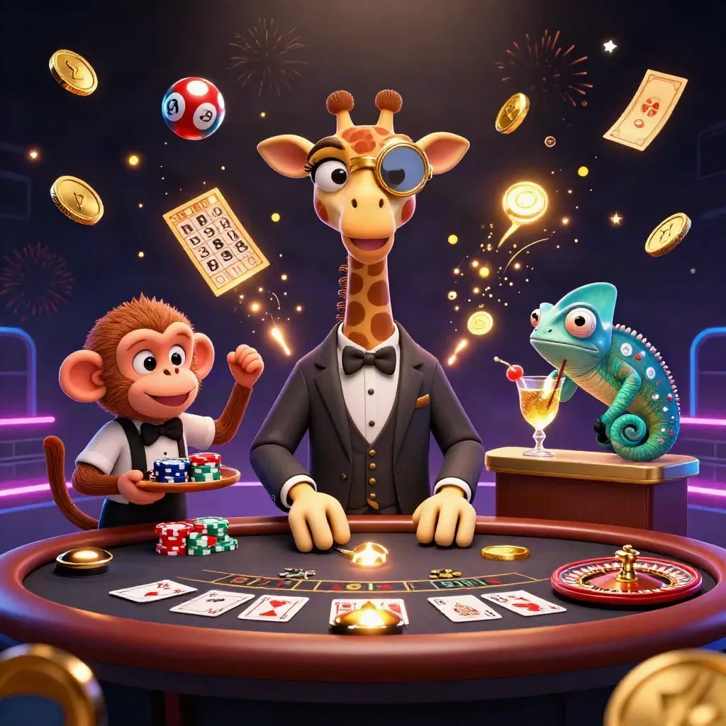 Giraffe high roller, monkey valet, and chameleon bartender amid coins, fireworks, and casino game props.