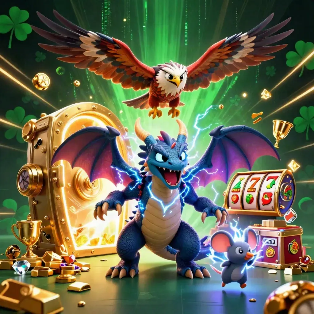 Thunder dragon, hawk, and mouse bursting from a gold vault with casino symbols and lightning.