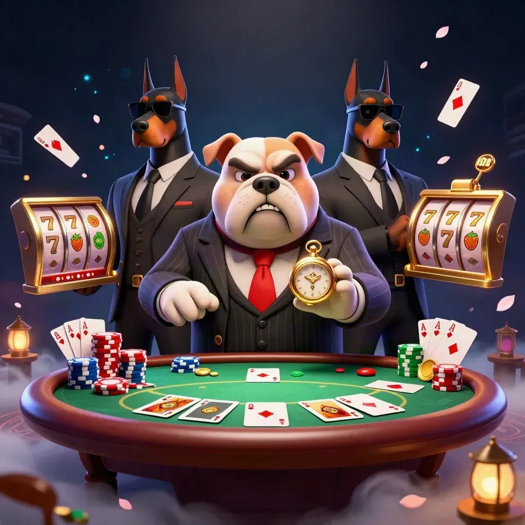 Bulldog mob boss with two Dobermans amid poker chips, cards, reels, and neon casino effects.